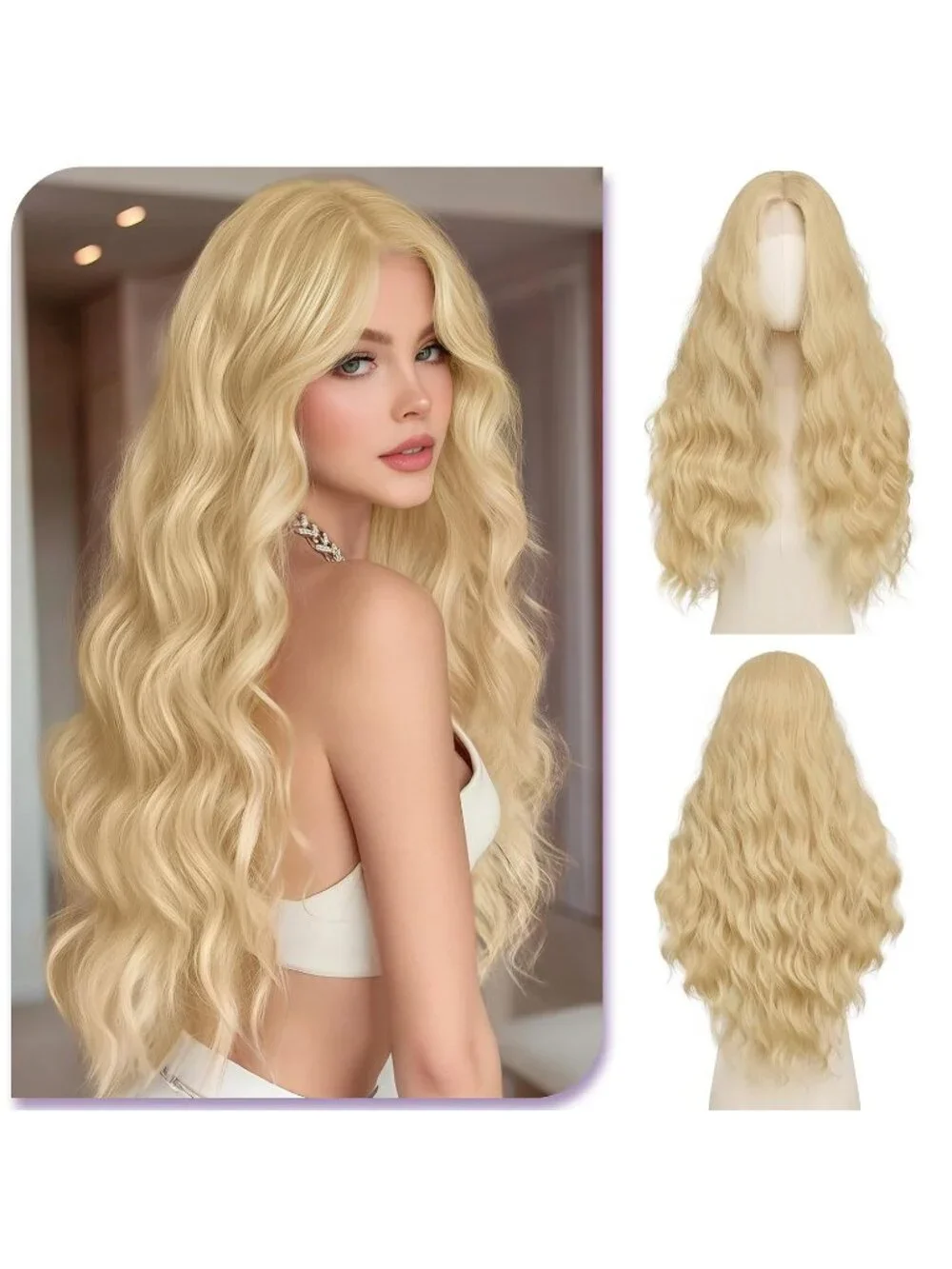 Women's Highlight Blonde 28 Inch Lace Front Soft Synthetic Long Wavy Curly Wigs
